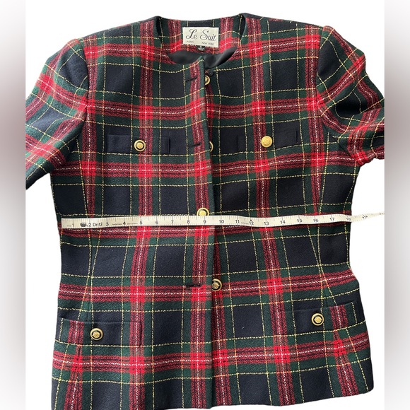 LE SUIT Vintage Collarless Tweed Jacket Black Red Green Gold SZ 8 EUC - Picture 4 of 11